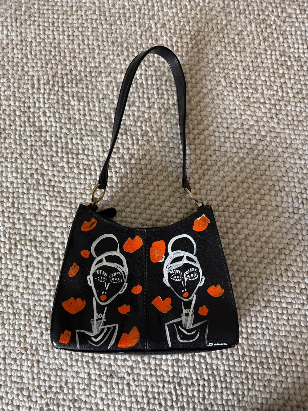 Liz Claiborne Black Shoulder Bag with Orange & White Painted Faces